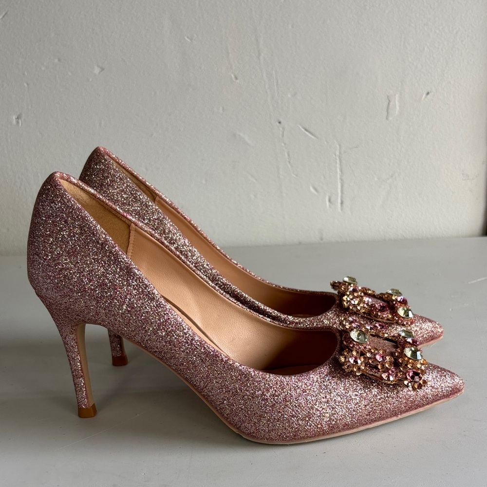 Elegant, pink Glitter Upper Rhinestone Buckle Heels MS354